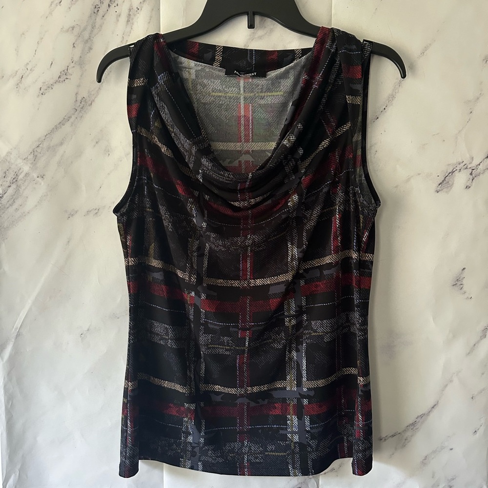 NINE WEST - DRAPED NECK SLEEVELESS BLOUSE TOP PLAID DARK BLUE WOMENS MEDIUM
